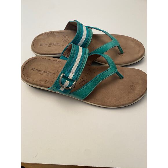 NATURALIZER N5 Comfort Slip on Sandal Teal Leather Striped Canvas Strap 10N - Picture 3 of 9